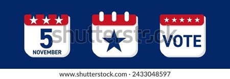 Tear-off calendar with american star symbol. 2024 US elections date -5 november. Elections reminder icon. Elections calendar symbol. Vector illustration