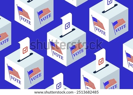 Isometric Ballot boxes with completed bulletins with check marks. US presidential elections illustration. Ballot boxes with american flag Presidential Elections in Democratic United States of America