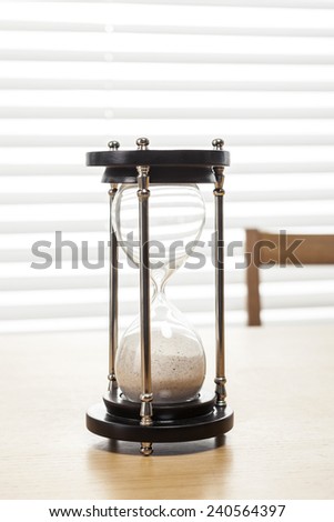 A sand timer(hour glass) on the wooden office desk(table) behind white blind.