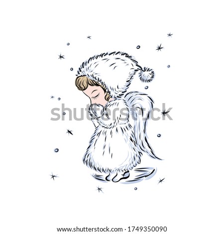 Christmas baby angel prays to God with clasped hands. Coloring book with symbol of god of man. Happy baby. Concept of resurrection of Jesus Christ. Christmas, Easter design. 