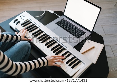 Similar – Image, Stock Photo Woman with modern synthesizer at home