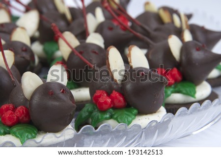 Holiday Chocolate Candy Mice on a cookie with frosting holly leaves and berries