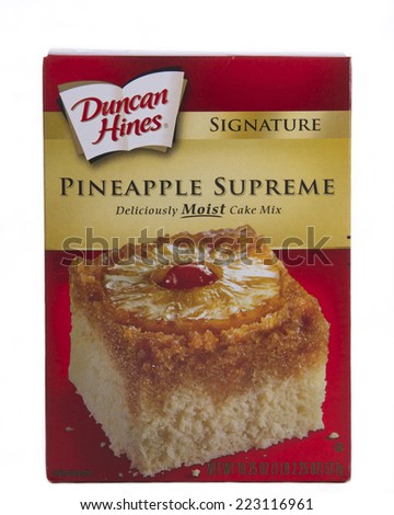 ALAMEDA, CA - OCTOBER 09, 2014: 18.25 ounce box of Duncan Hines brand Pineapple Supreme Moist Cake Mix.