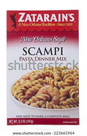 ALAMEDA, CA - OCTOBER 14, 2014: 5.2 ounce box of Zatarain\'s brand New Orleans Style Scampi Pasta Dinner Mix. Add Meat to Make a Complete Meal.