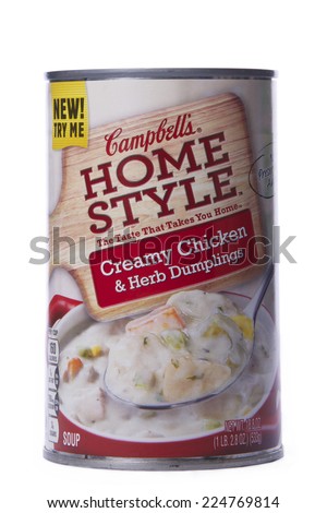 ALAMEDA, CA - OCTOBER 19, 2014: 18.8 ounce can of Campbell\'s brand Home Style Soup. Creamy Chicken and Herb Dumplings. The Taste That Takes You Home.