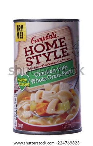 ALAMEDA, CA - OCTOBER 19, 2014: 18.6 ounce can of Campbell\'s brand Home Style Soup. Chicken with Whole Grain Pasta. The Taste That Takes You Home.