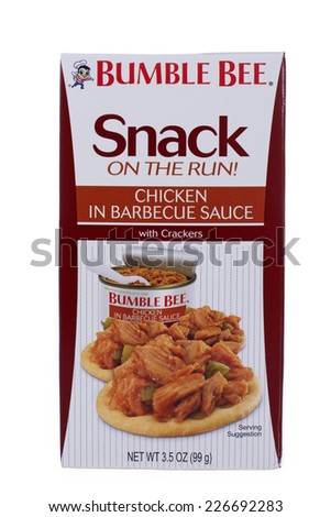 ALAMEDA, CA - OCTOBER 27, 2014: 3.5 ounce box of Bumble Bee brand Snack on the Run. Chicken in Barbecue Sauce with Crackers. Small Travel Size Snack Packaging.
