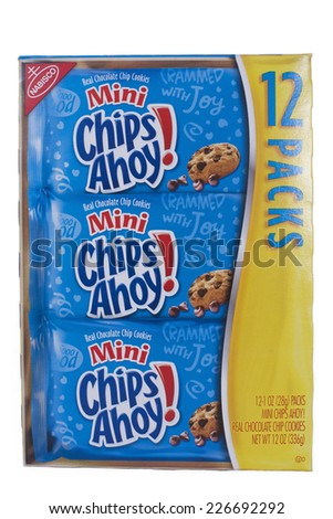 ALAMEDA, CA - OCTOBER 27, 2014: 12 ounce box of Nabisco brand Mini Chips Ahoy Chocolate Chip Cookies. Twelve 1 ounce packs of Mini Chips Ahoy per box.