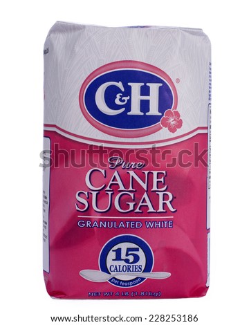 ALAMEDA, CA - NOVEMBER 03, 2014: 4 pound bag of C&H brand Pure Cane Granulated White Sugar.