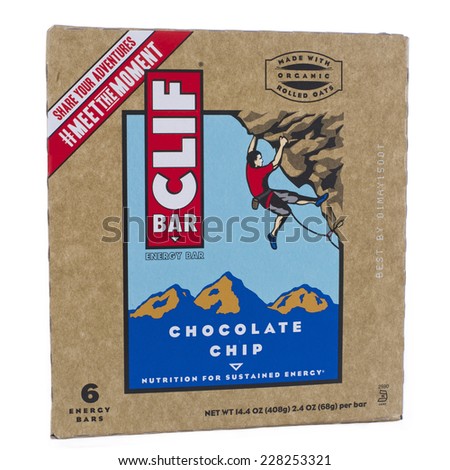ALAMEDA, CA - NOVEMBER 03, 2014: 14.4 ounce box of Cliff brand Energy Bars. Chocolate Chip Flavor. Six Energy Bars per box. Made with Organic Rolled Oats.