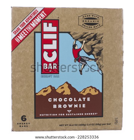 ALAMEDA, CA - NOVEMBER 03, 2014: 14.4 ounce box of Cliff brand Energy Bars. Chocolate Brownie Flavor. Six Energy Bars per box. Made with Organic Rolled Oats.