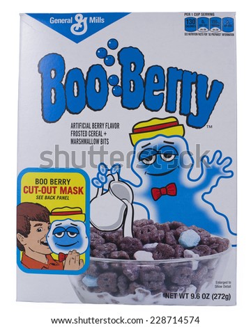ALAMEDA, CA - NOVEMBER 06, 2014: 9.6 ounce box of General Mill\'s brand Boo Berry cereal. Artificial Berry Flavor, Frosted Cereal + Marshmallow Bits. Generally only available during Halloween season.