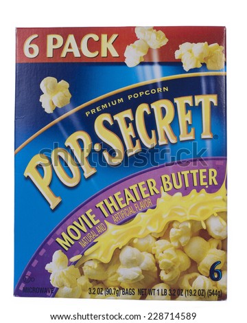 ALAMEDA, CA - NOVEMBER 06, 2014: 19.2 ounce box of Pop Secret brand Movie Theater Butter flavor Microwave Popcorn. Six 3.2 ounce microwavable popcorn bags per box.