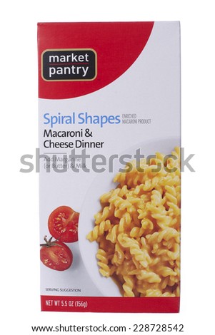 ALAMEDA, CA - NOVEMBER 06, 2014: 5.5 ounce box of Market Pantry brand Macaroni and Cheese Dinner. Spiral Shapes. Enriched Macaroni Product. Add Margarine or Butter and Milk.