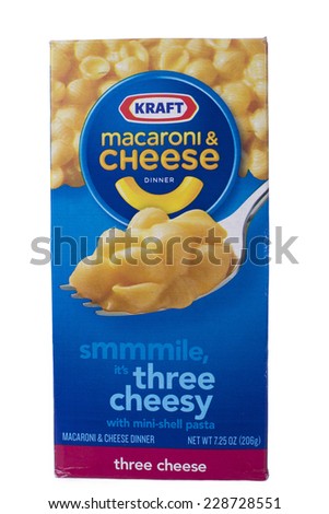 ALAMEDA, CA - NOVEMBER 06, 2014: 7.25 ounce box of Kraft brand Macaroni and Cheese Dinner. Three Cheese with mini shell pasta.