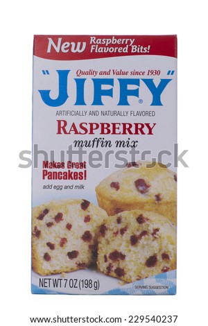 ALAMEDA, CA - NOVEMBER 09, 2014: 7 ounce box of Jiffy brand Raspberry Muffin Mix. Makes Great Pancakes! Artificially and Naturally Flavored. New Raspberry Flavored Bits!