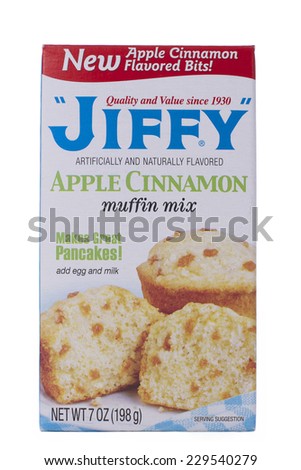 ALAMEDA, CA - NOVEMBER 09, 2014: 7 ounce box of Jiffy brand Apple Cinnamon Muffin Mix. Makes Great Pancakes! Artificially and Naturally Flavored. New Apple Cinnamon Flavored Bits!