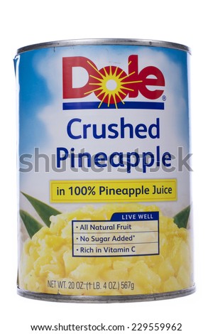 ALAMEDA, CA - NOVEMBER 09, 2014: 20 ounce can of Dole brand Crushed Pineapple in 100% Pineapple Juice. All Natural Fruit. No Sugar Added. Rich in Vitamin C.