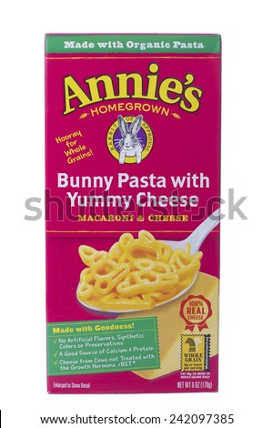 ALAMEDA, CA - JANUARY 06, 2015: 6 ounce box of Annie\'s brand Bunny Pasta with Yummy Cheese. No Artificial Flavors, Synthetic Colors or Preservatives. A Good Source of Calcium and Protein.