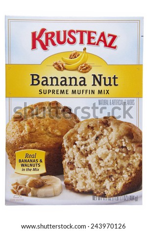 ALAMEDA, CA - JANUARY 12, 2015: 17.1 ounce box of Krusteaz brand Banana Nut Supreme Muffin Mix. Real Bananas and Walnuts in the Mix. Natural and Artificial Flavors.