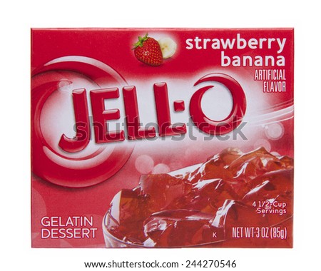 ALAMEDA, CA - JANUARY 14, 2015:  3 ounce box of Jello brand Strawberry Banana flavor jello mix. Artificial Flavor.