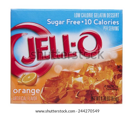 ALAMEDA, CA - JANUARY 14, 2015:  0.30 ounce box of Jello brand sugar free Orange flavor jello mix. Artificial Flavor.
