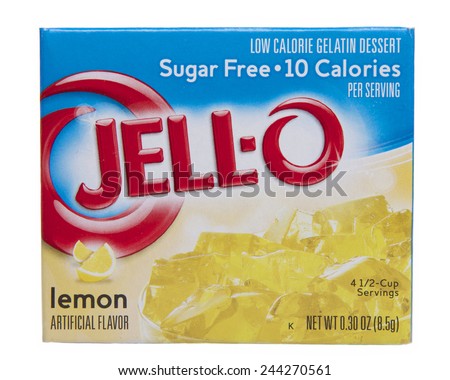 ALAMEDA, CA - JANUARY 14, 2015: 0.30 ounce box of Jello brand sugar free lemon flavor jello mix. Artificial Flavor.