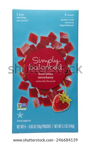 ALAMEDA, CA - JANUARY 16, 2015: 5.1 ounce box with six 0.85 ounce pouches of Simply Balanced brand Fruit Bites. Made with Natural Ingredients. Naturally Flavored, Strawberry. NON GMO Project Verified.