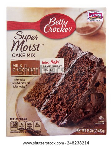 ALAMEDA, CA - JANUARY 21, 2015: 15.25 ounce box of Betty Crocker brand Super Moist Cake Mix. Milk Chocolate. There's Pudding in the Mix! New Look! Same Great Taste!