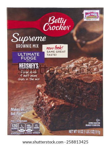 ALAMEDA, CA - FEBRUARY 23, 2015: Illustrative Editorial of one 18 ounce box of Betty Crocker brand Supreme Brownie Mix. Ultimate Fudge with Hershey\'s Fudge pouch. New look. Same Great Taste.