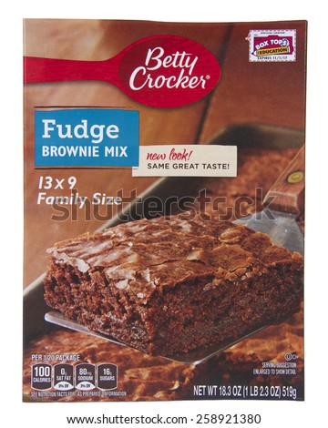 ALAMEDA, CA - FEBRUARY 23, 2015: Illustrative Editorial of one 18.3 ounce box of Betty Crocker brand Fudge Brownie Mix. New Look, Same Great Taste.