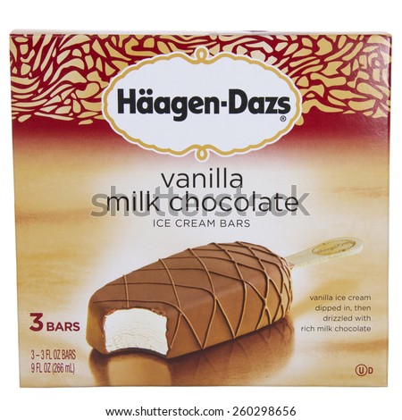 ALAMEDA, CA - MARCH 12, 2015: Illustrative Editorial of one 9 ounce box Haagen-Dazs brand Vanilla Milk Chocolate Ice Cream Bars. Three 3 ounce bars per box.