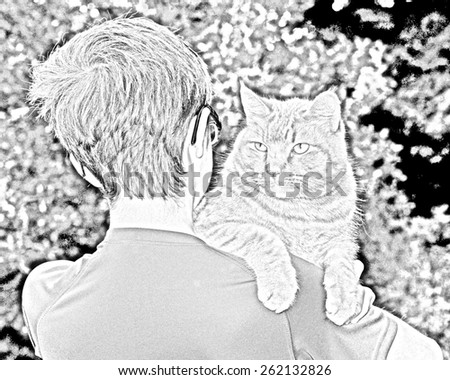 Adolescent boy holding a cat over his shoulder. Cat content with being held. Sketch image black and white.