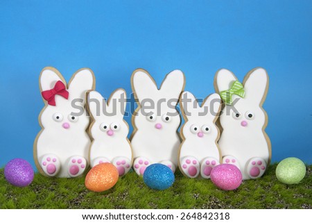 Easter Bunny Sugar Cookies homemade covered in home made marshmallow fondant, decorated with candy eyes, nose, feet and bow Large and small bunnies standing on pseudo grass blue background easter eggs