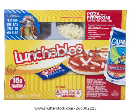 ALAMEDA, CA - MARCH 31, 2015: Illustrative Editorial of one 4.7 ounce package Lunchables Brand Pizza with Pepperonie Lunch Combination. Made with Pork, Chicken and Beef. With Capri Sun Juice.