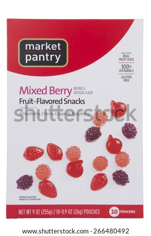ALAMEDA, CA - APRIL 03, 2015: Illustrative Editorial of one 9 ounce box Market Pantry brand with ten 0.9 ounce pouches Mixed Berry Fruit Flavored Snacks.