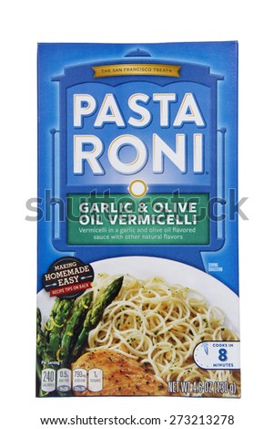 ALAMEDA, CA - APRIL 12, 2015: Illustrative Editorial of one 4.6 ounce box Pasta Roni brand Garlic and Olive Oil Vermicelli Pasta. The San Francisco Treat.