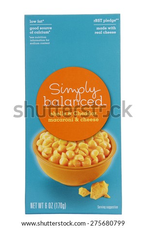 ALAMEDA, CA - APRIL 12, 2015: Illustrative Editorial of one 6 ounce box of Simply Balanced brand Shells and Cheddar Macaroni and Cheese