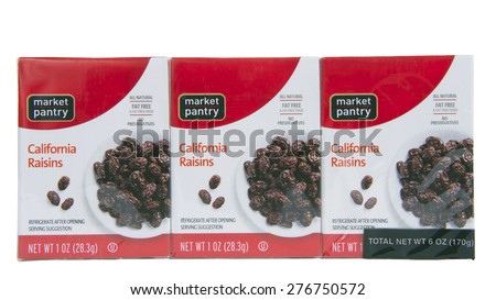 ALAMEDA, CA - APRIL 12, 2015: Illustrative Editorial of one multipack Market Pantry brand Natural California Raisins. Six 1 ounce boxes of raisins shrink wrapped in clear plastic.
