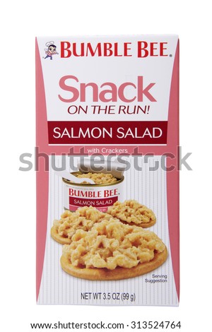 ALAMEDA, CA - SEPTEMBER 04, 2015: 3.5 ounce box of Bumble Bee brand Snack On The Run Salmon Salad with Crackers. Great snack for adults and kids on the go. A Healthy lunch alternative for children.