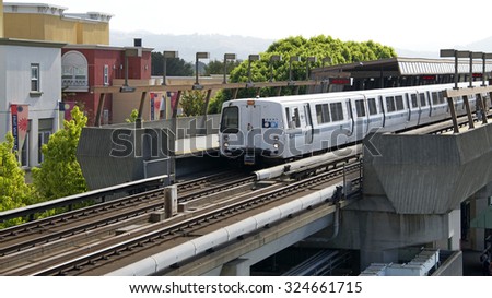 FRUITVALE, CA - SEPTEMBER 06, 2015: The San Francisco Bay Area Rapid Transit train, referred to as BART, carries commuters to their destinations in San Francisco, the East Bay and San Mateo County.