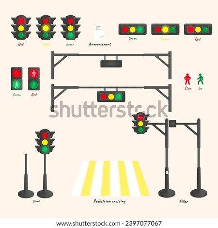 A large construction kit that includes: Traffic lights with red, yellow and green lights. Horizontal and vertical. Traffic lights for cars and pedestrians. Pedestrian crossing. Pillars, stands, racks.