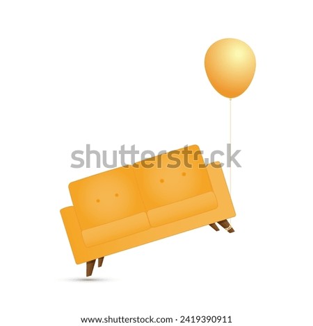 Vector orange sofa is tied by a leg to a balloon and almost took off. The concept of light transportation. Easy transfer with professional movers.