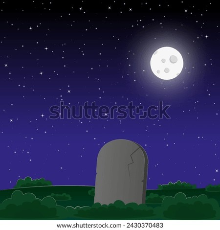 A lonely tombstone in the moonlit night under a star-filled sky.