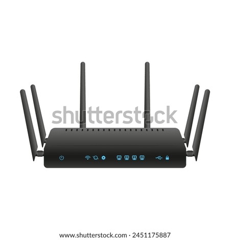 Vector black Wi-Fi router with six antennas and glowing indicators on a white background.