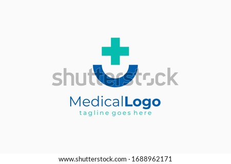 Blue Cross Sign with Half Circle Line Medical Logo Health Icon isolated on White Background. Flat Vector Logo Design Template Element