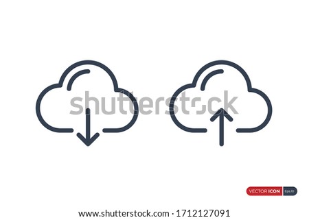 Download and Upload Icon. Up and Down Arrow with Cloud Linear Style Outside isolated on White Background. Flat Vector Icon Design Template Elements.