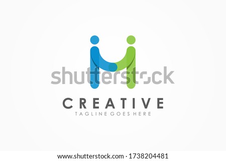 Abstract Initial Letter M Logo. Blue Green Rounded Line Partnership People Symbol Origami Style with Shadow. Flat Vector Logo Design Template Element.