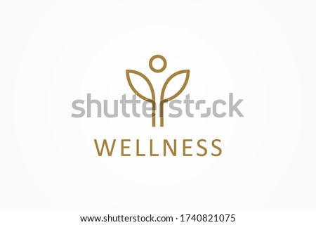 Abstract Wellness Logo. Gold Linear Style Leaf and People Combination isolated on White Background. Usable for Nature, Cosmetics, Healthcare and Beauty Logos. Flat Vector Logo Design Template Element.