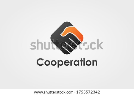 Handshake Logo. Two Hands Make a Deal in Black and Red Square Rounded Shape isolated on White Background. Usable for Business and Cooperation Logos. Flat Vector Logo Design Template Element.